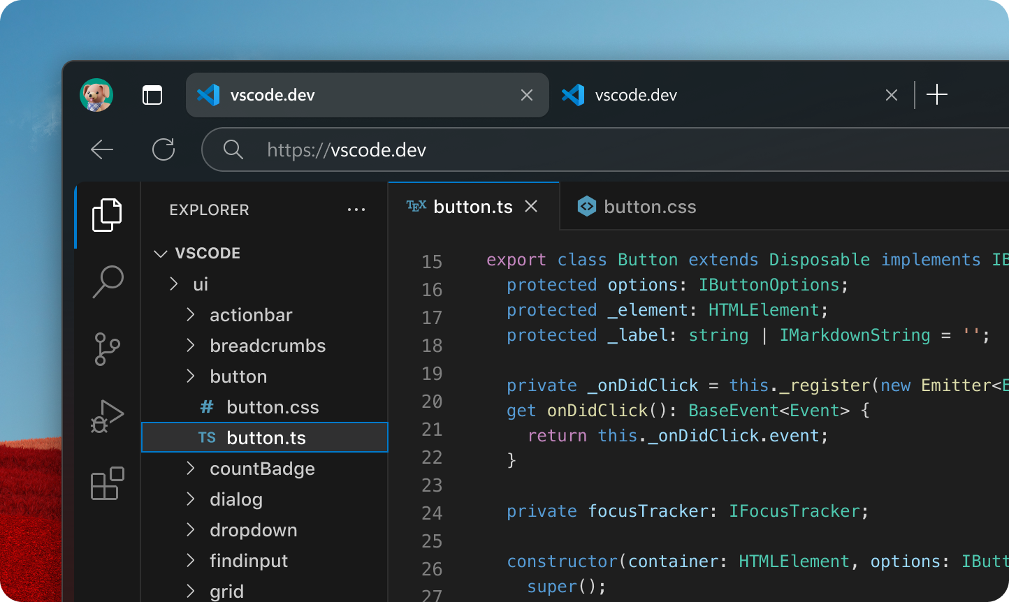 vscode.dev in an Edge browser tab