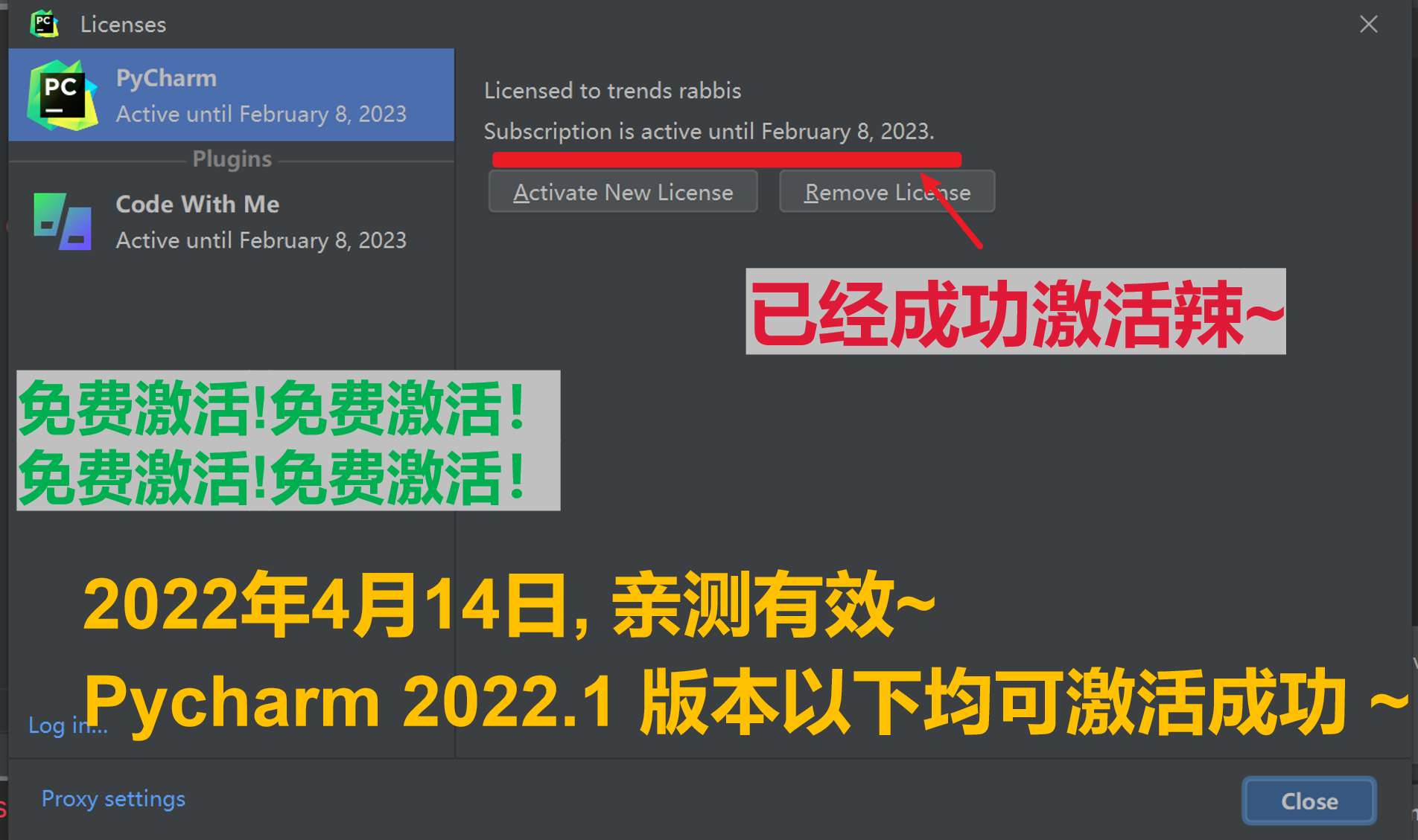 Pycharm 2022.1 成功激活至9999年截图