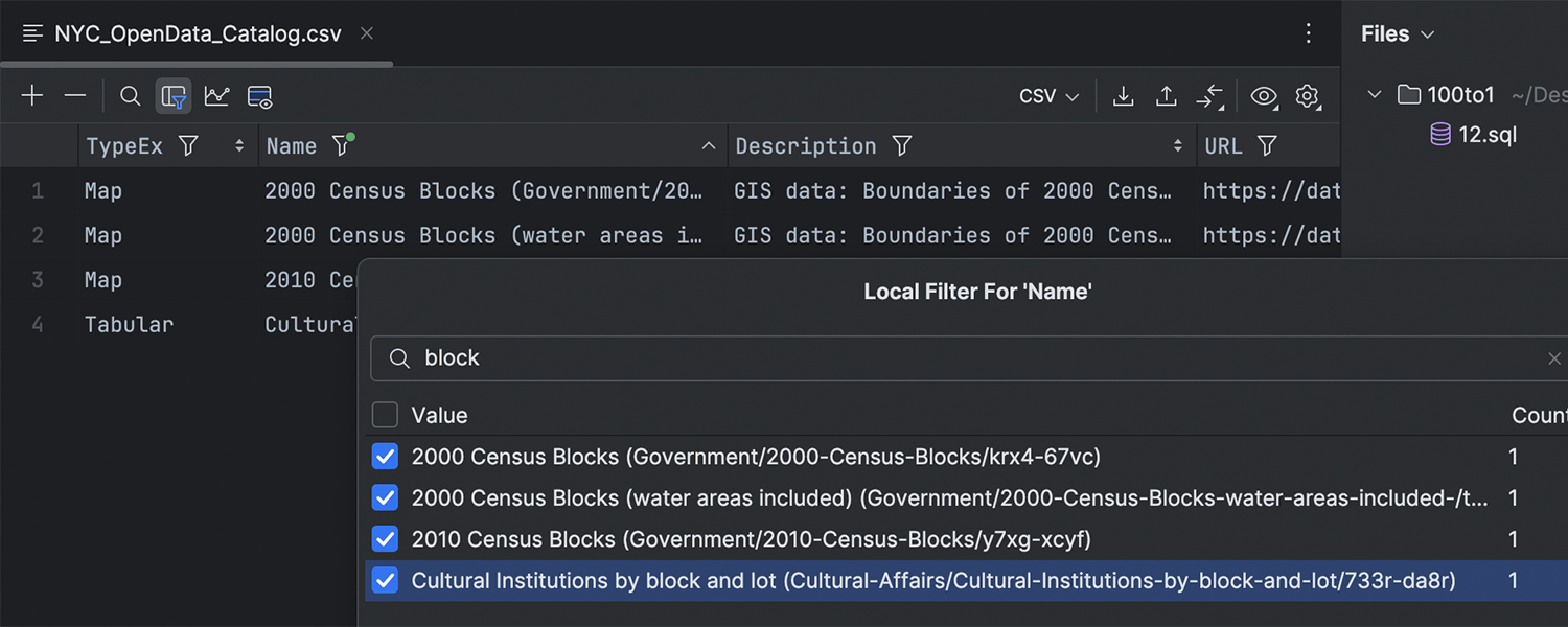 Local filtering in the data editor