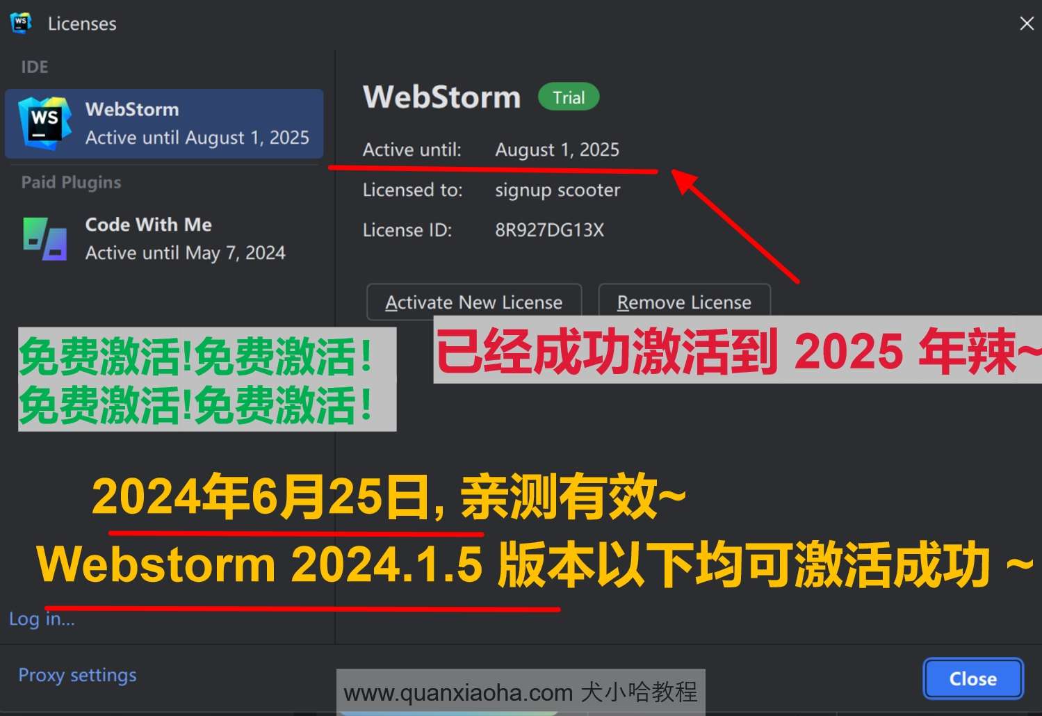 Webstorm 2024.1.5 成功激活至2099年截图