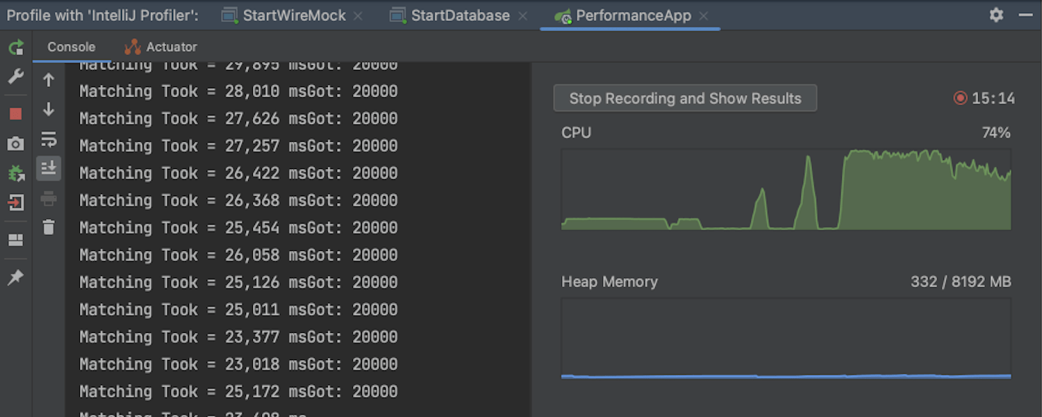 剖析性能时可用的 CPU 和“堆内存”图表