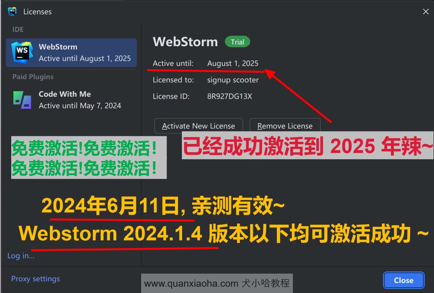 Webstorm 2024.1.4 成功激活至 2099 年截图