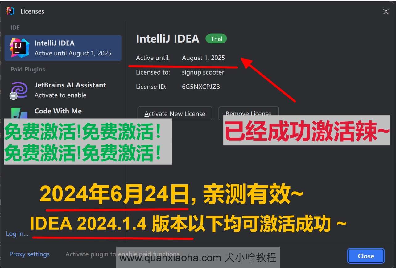 IDEA 2024.1.4 成功激活成功教程激活截图