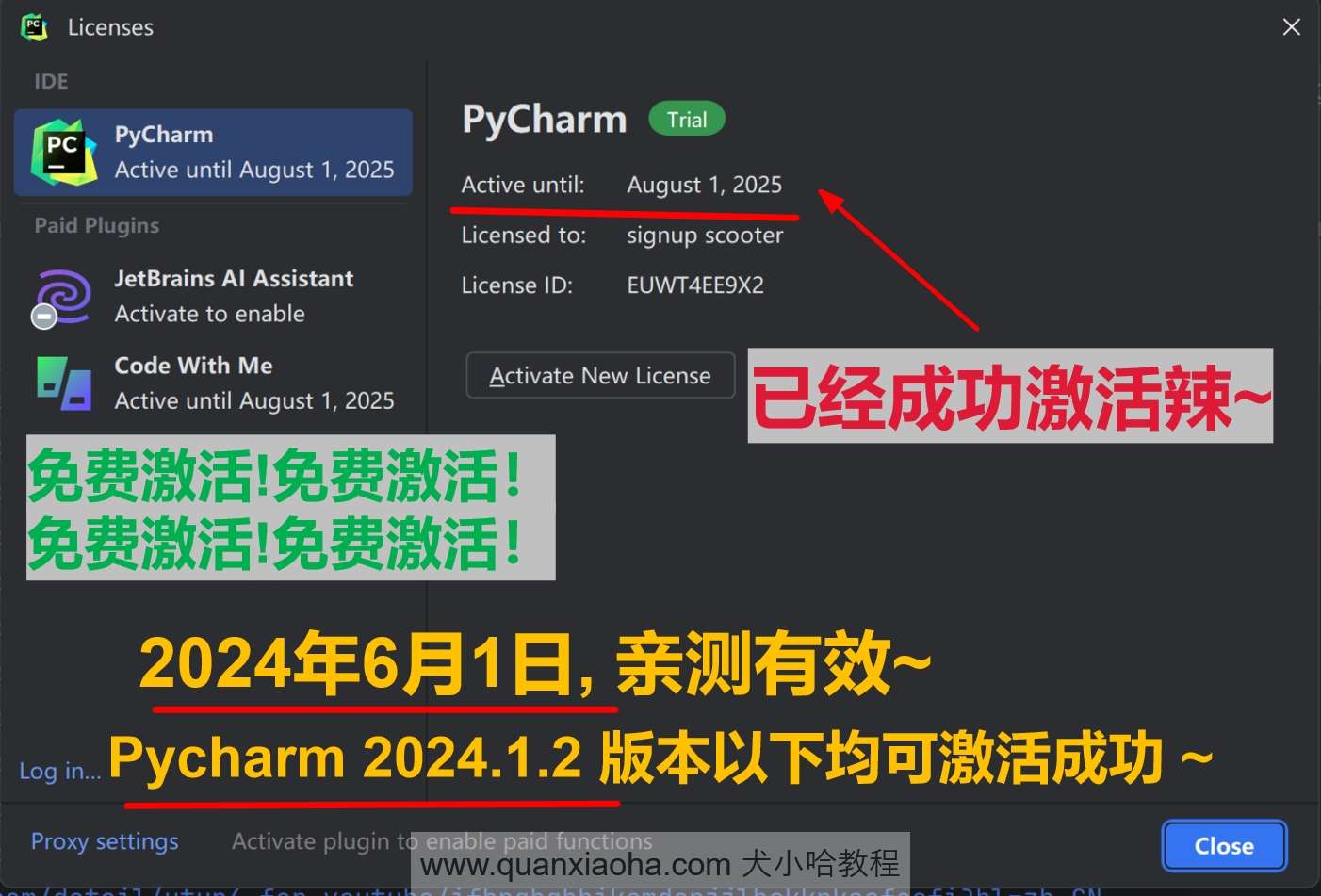 Pycharm 2024.1.2 成功激活成功教程激活截图